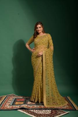 Bandhani Printed With Embroidery Work Mahendi Ethnic Georgette Saree 1