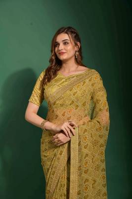 Bandhani Printed With Embroidery Work Mahendi Ethnic Georgette Saree 2