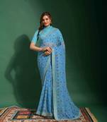 Bandhani Printed With Embroidery Work Blue Colour Ethnic Georgette Saree
