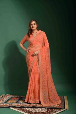 Bandhani Printed With Embroidery Work Peach Ethnic Georgette Saree 1
