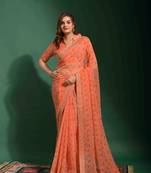 Bandhani Printed With Embroidery Work Peach Ethnic Georgette Saree