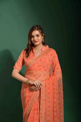 Bandhani Printed With Embroidery Work Peach Ethnic Georgette Saree 2