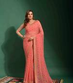 Bandhani Printed With Embroidery Work Gajri Colour Ethnic Georgette Saree