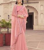 Ethnic Samundri Chiffon Pink Colour Saree With Designer Foil Printed And Embroidery Work Lace