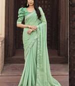 Ethnic Samundri Chiffon Sea Green Colour Saree With Designer Foil Printed And Embroidery Work Lace