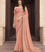 Ethnic Samundri Chiffon Peach Colour Saree With Designer Foil Printed And Embroidery Work Lace