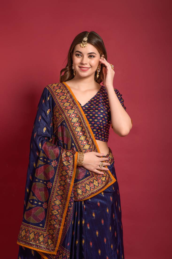 Designer Emboss Foil Printed With Piping Border Blue Colour Saree In