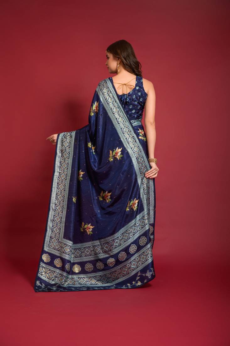 Designer Emboss Foil Printed With Piping Border Blue Colour Saree In