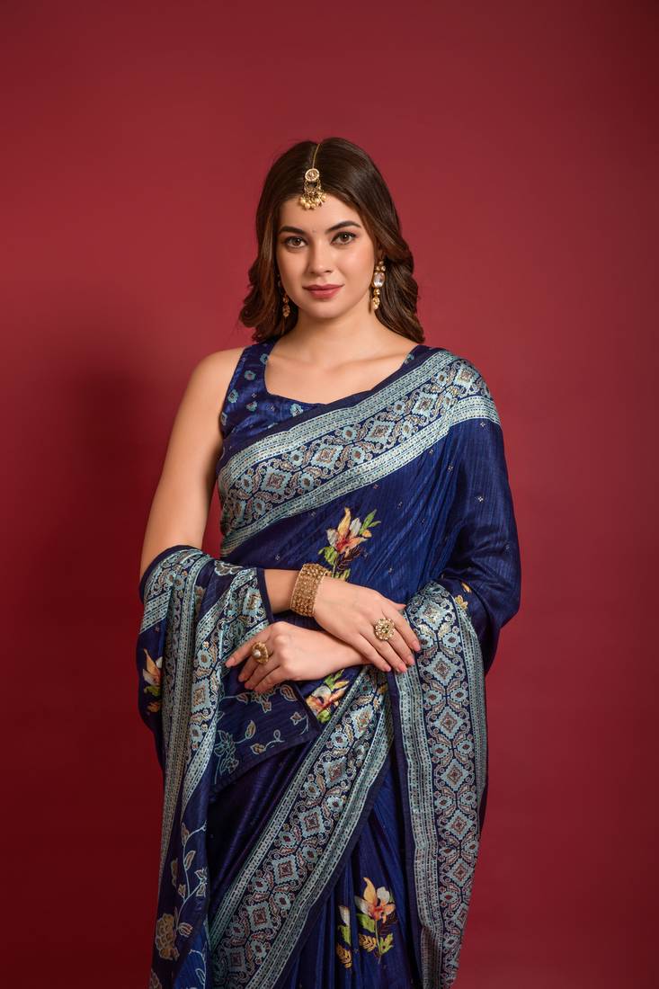 Designer Emboss Foil Printed With Piping Border Blue Colour Saree In