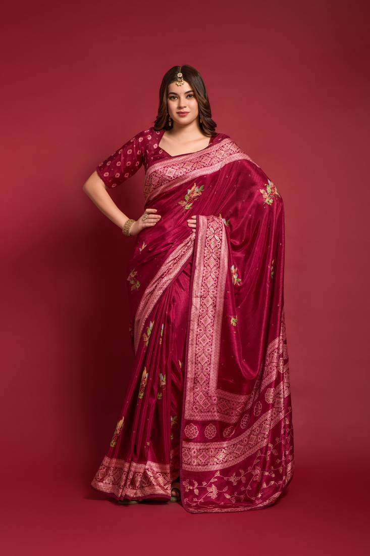 Designer Emboss Foil Printed With Piping Border Maroon Colour Saree In Smooth Silk Fabric
