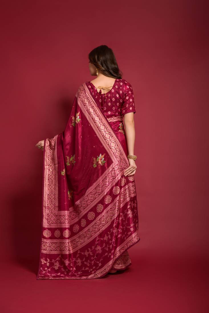 Designer Emboss Foil Printed With Piping Border Maroon Colour Saree In