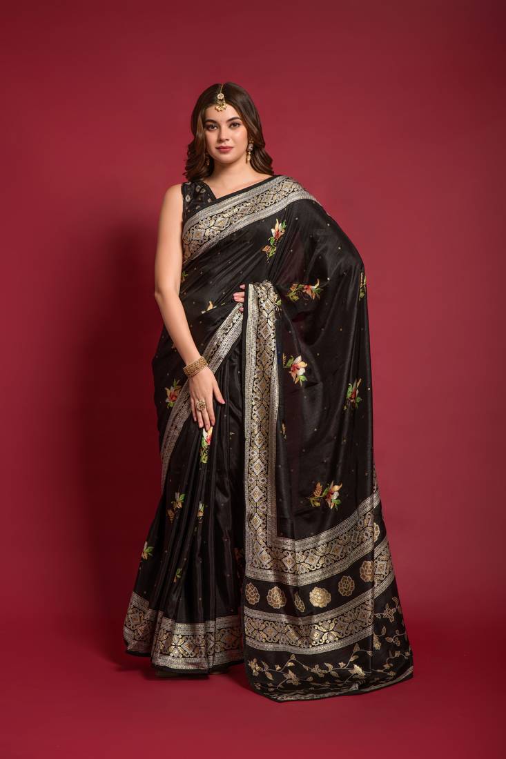 Designer Emboss Foil Printed With Piping Border Black Colour Saree In