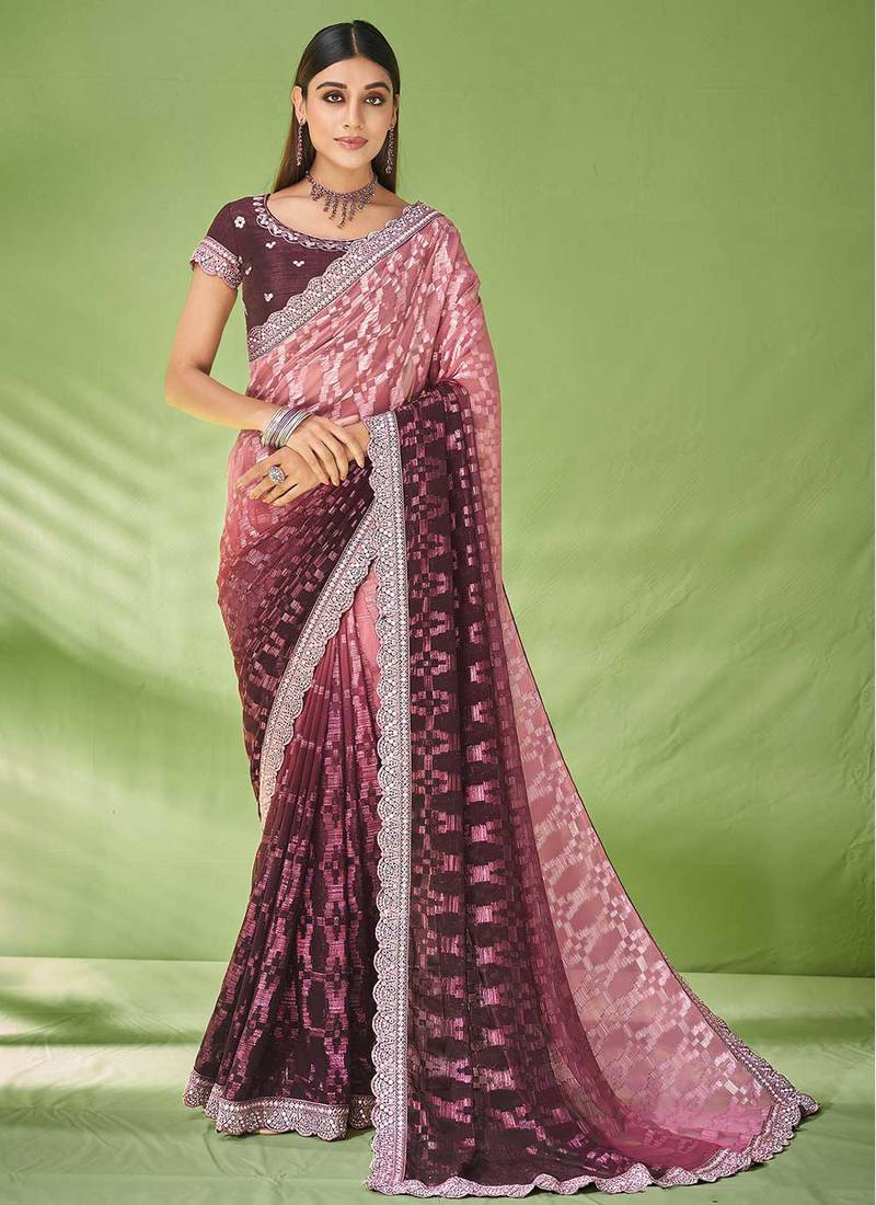Heavy And Glamorous Wine Colour Designer Saree In Georgette Fabric