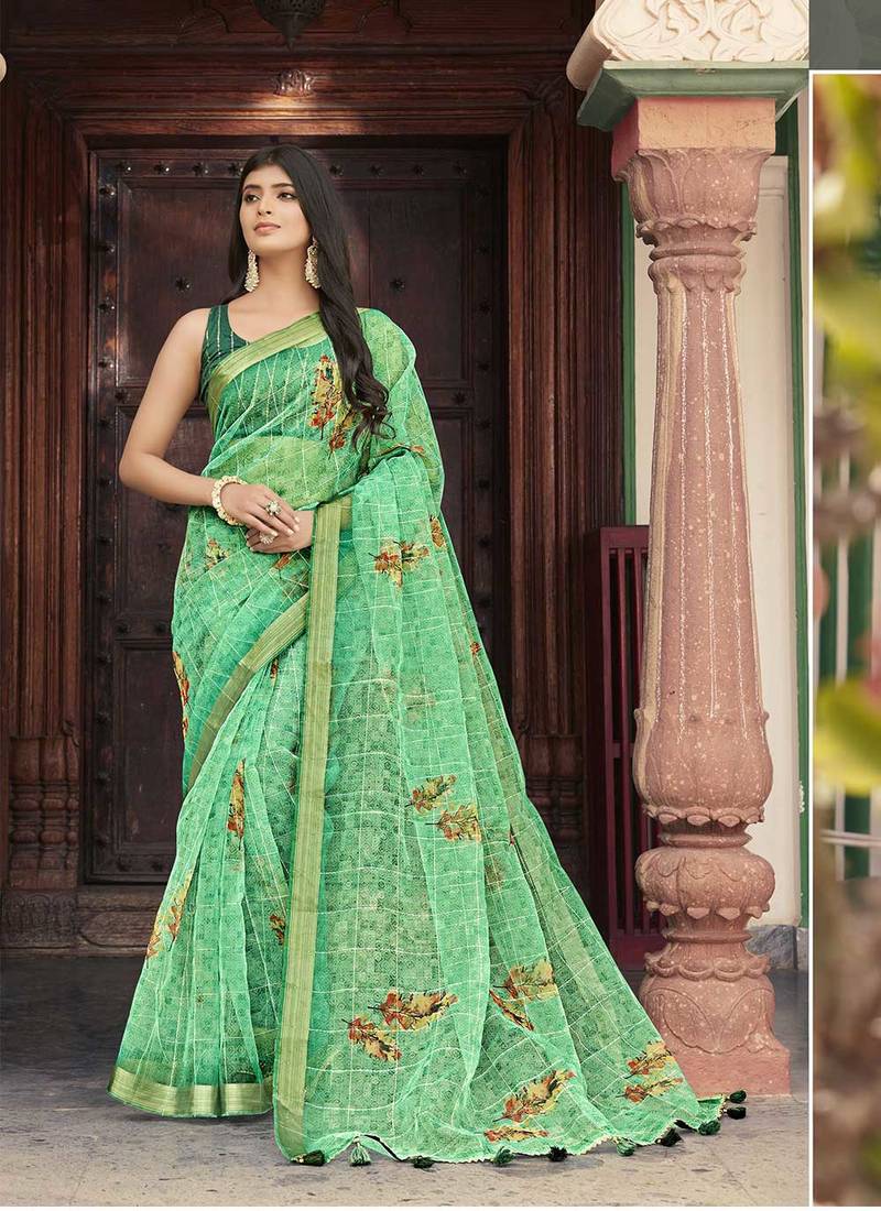 Beautiful Girlish Texture Sea Green Colour Saree On Organza Fabric With