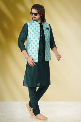 Green printed banarasi silk nehru-jacket 1