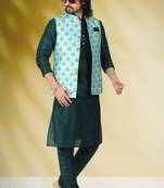 Green printed banarasi silk nehru-jacket