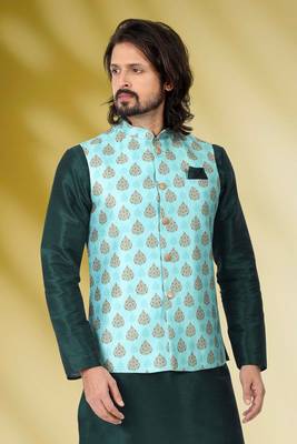 Green printed banarasi silk nehru-jacket 3