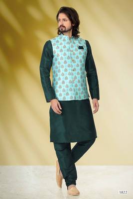 Green printed banarasi silk nehru-jacket 4
