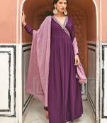 Ethnic Wine Colour Gown With Dupatta For Elegant Party Look With Designer Embroidery Work