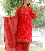 Girbana Women Red Viscose Rayon Round Neck Kurta Pant and Dupatta Set