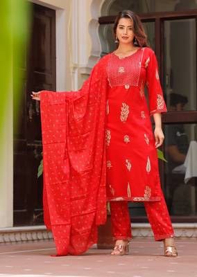 Girbana Women Red Viscose Rayon Round Neck Kurta Pant and Dupatta Set 1
