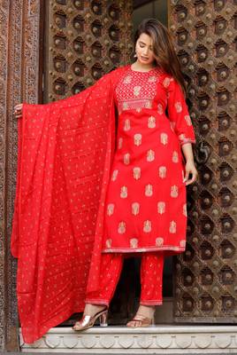 Girbana Women Red Viscose Rayon Round Neck Kurta Pant and Dupatta Set 2