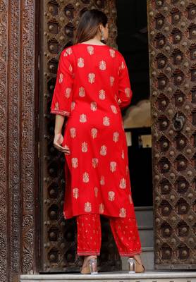 Girbana Women Red Viscose Rayon Round Neck Kurta Pant and Dupatta Set 3