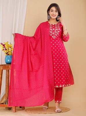 Girbana Women Pink Viscose Rayon Round Neck Kurta Pant and Dupatta Set 1