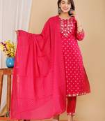 Girbana Women Pink Viscose Rayon Round Neck Kurta Pant and Dupatta Set