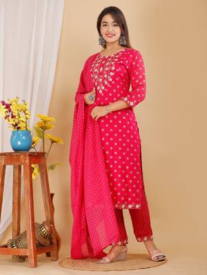 Girbana Women Pink Viscose Rayon Round Neck Kurta Pant and Dupatta Set 2