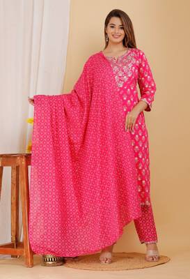 Girbana Women Pink Viscose Rayon Round Neck Kurta Pant and Dupatta Set 1