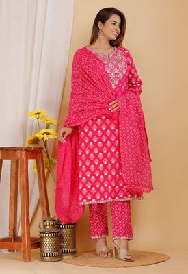 Girbana Women Pink Viscose Rayon Round Neck Kurta Pant and Dupatta Set 2