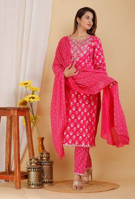 Girbana Women Pink Viscose Rayon Round Neck Kurta Pant and Dupatta Set 3