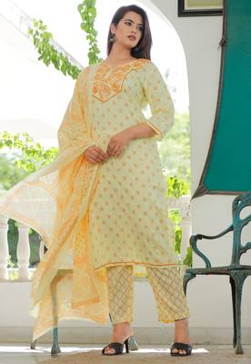 Girbana Women Yellow Viscose Rayon Round Neck Kurta Pant and Dupatta Set 1