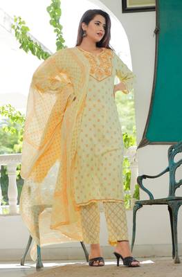 Girbana Women Yellow Viscose Rayon Round Neck Kurta Pant and Dupatta Set 2