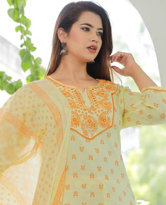 Girbana Women Yellow Viscose Rayon Round Neck Kurta Pant and Dupatta Set 3