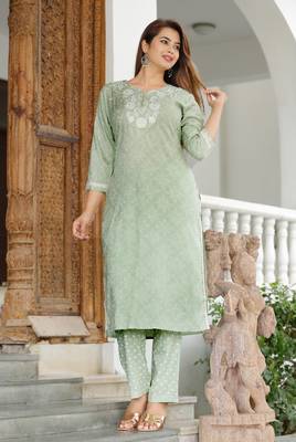 Girbana Women Sea Green Viscose Rayon Round Neck Kurta Pant and Dupatta Set 2