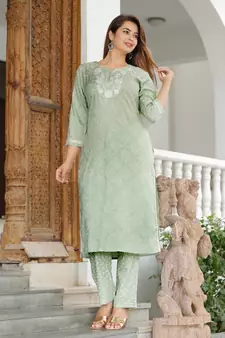 Girbana Women Sea Green Viscose Rayon Round Neck Kurta Pant and Dupatta Set