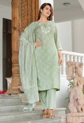Girbana Women Sea Green Viscose Rayon Round Neck Kurta Pant and Dupatta Set 3