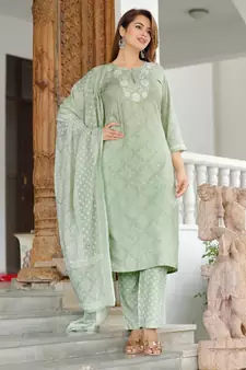 Girbana Women Sea Green Viscose Rayon Round Neck Kurta Pant and Dupatta Set