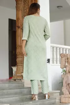 Girbana Women Sea Green Viscose Rayon Round Neck Kurta Pant and Dupatta Set