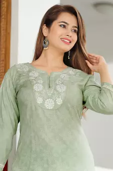 Girbana Women Sea Green Viscose Rayon Round Neck Kurta Pant and Dupatta Set