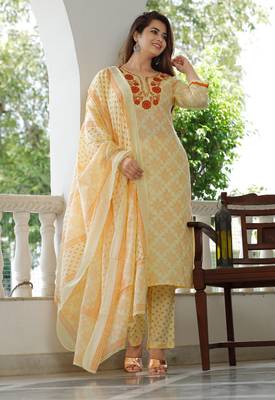 Girbana Women Yellow Viscose Rayon Round Neck Kurta Pant and Dupatta Set 1
