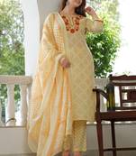 Girbana Women Yellow Viscose Rayon Round Neck Kurta Pant and Dupatta Set