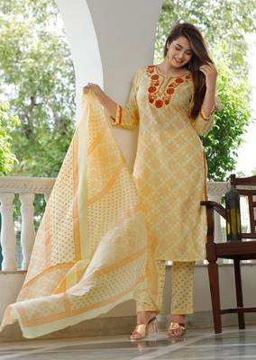 Girbana Women Yellow Viscose Rayon Round Neck Kurta Pant and Dupatta Set 2