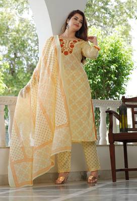 Girbana Women Yellow Viscose Rayon Round Neck Kurta Pant and Dupatta Set 4