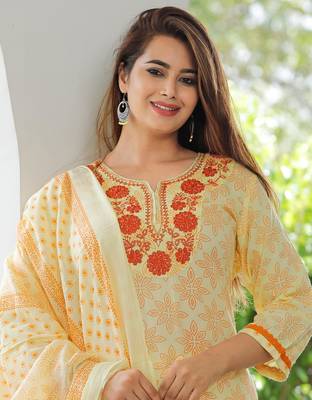 Girbana Women Yellow Viscose Rayon Round Neck Kurta Pant and Dupatta Set 5