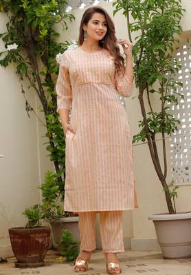 Girbana Women Peach Viscose Rayon Round Neck Kurta Pant Set 1