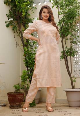 Girbana Women Peach Viscose Rayon Round Neck Kurta Pant Set 2