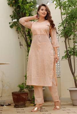 Girbana Women Peach Viscose Rayon Round Neck Kurta Pant Set 4
